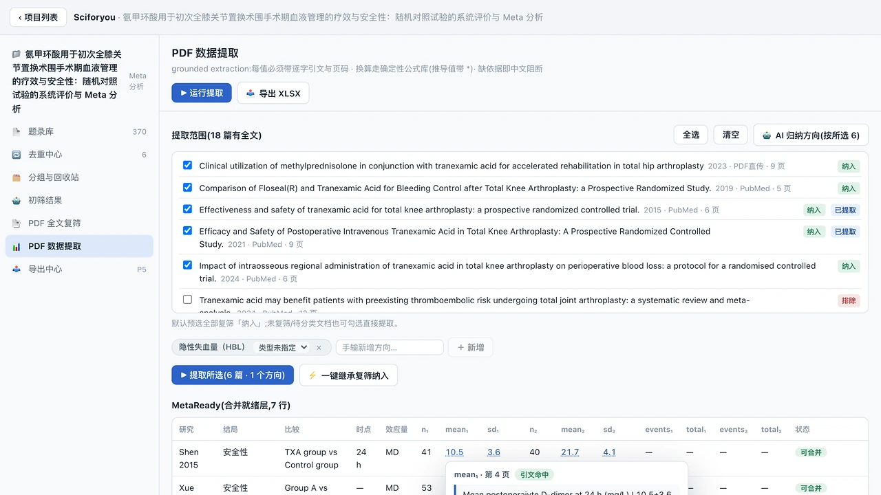 数据提取页:提取范围勾选列表和合并就绪数据表,一个数值上方弹出引文定位卡片,显示原文句子与第 4 页