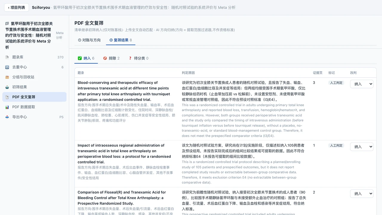 全文复筛结果表:题录、中英双语判定原因、证据页码、人工判定标记和改判下拉框