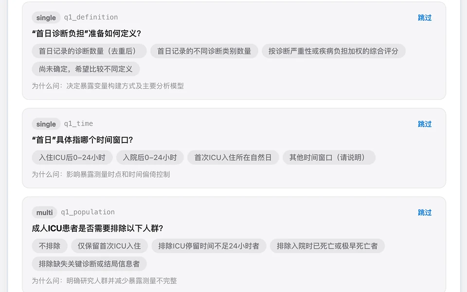 选题澄清卡:AI 就「ICU 首日诊断负担与住院死亡」提出三道澄清问题(负担如何定义、首日时间窗、需排除的人群),每题附选项和提问理由